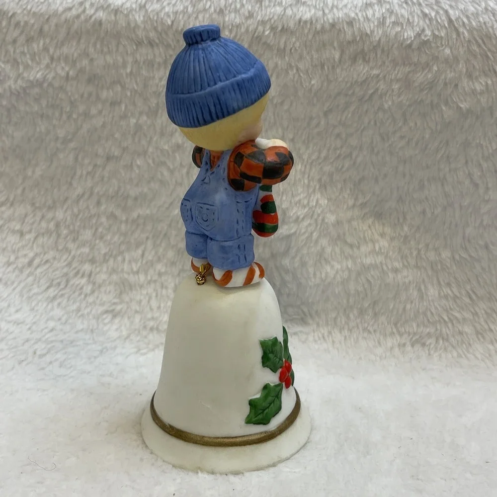 Vintage 1985 Enesco‎ Christmas Bell Figurine Boy Holding Stocking Ornament